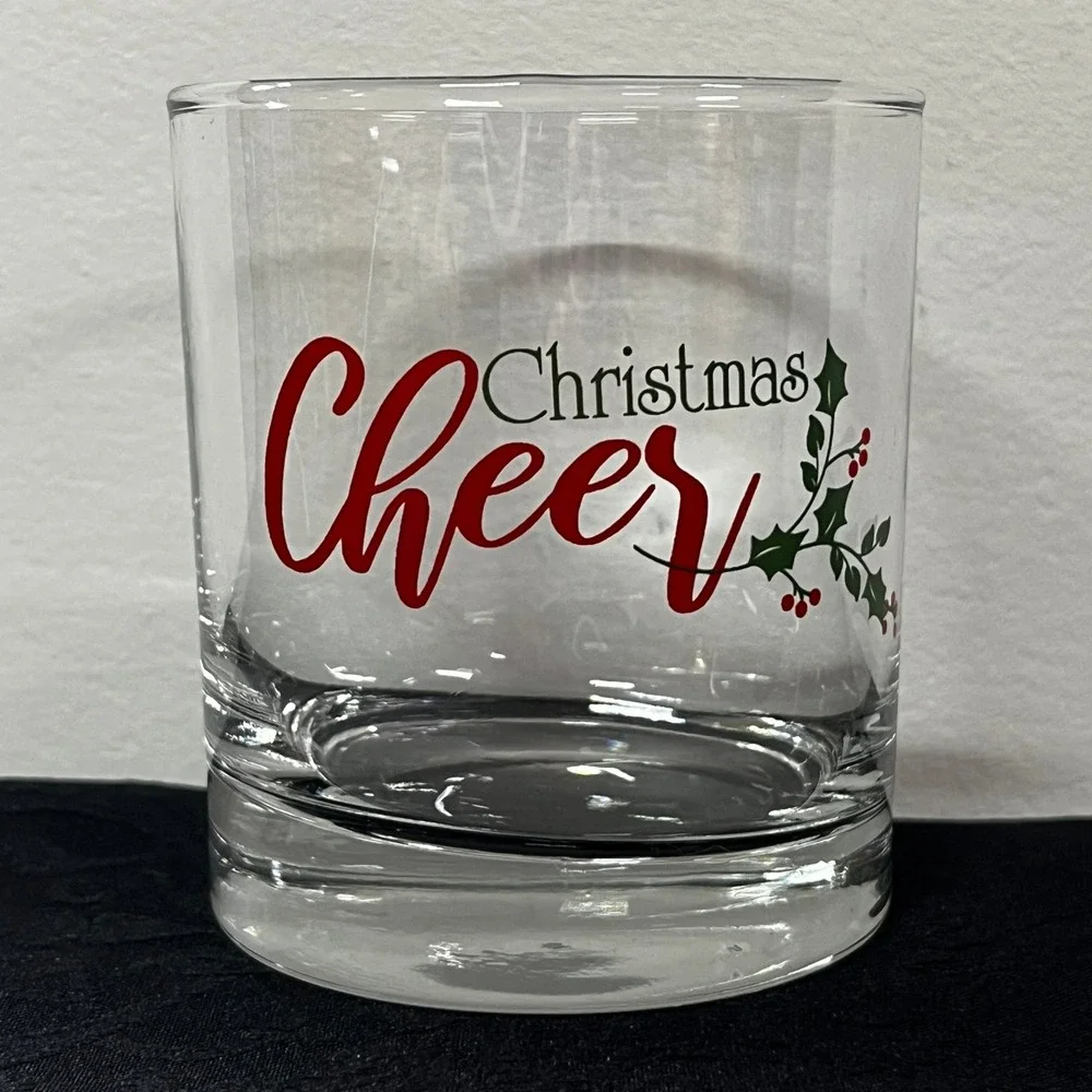 Christmas Cheer Rocks Glass Holly Berry Lowball Whiskey Holiday Barware 10 oz